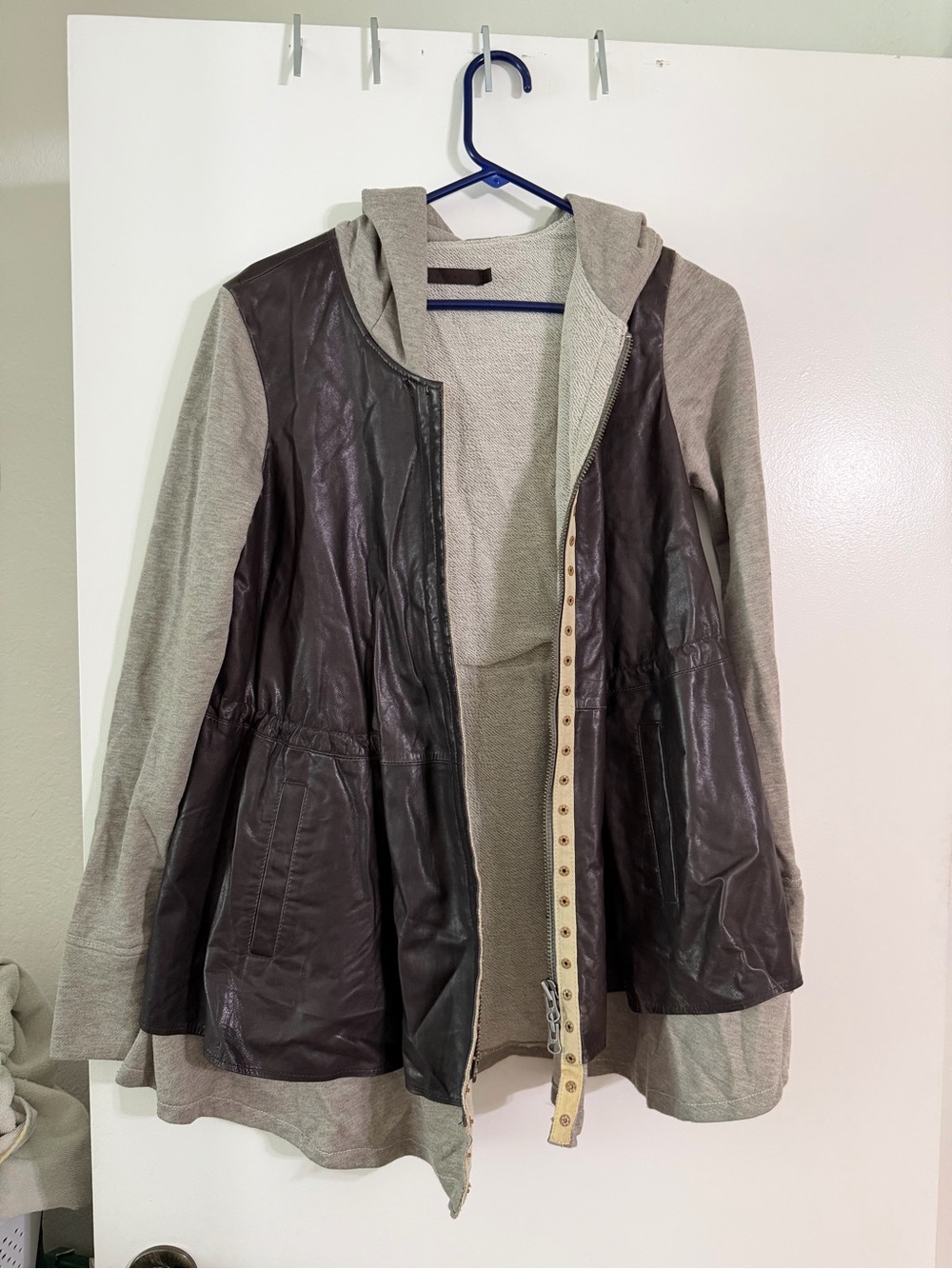 Nicholas K Two-Tone Brown Leather & Taupe Knit Hooded Jacket